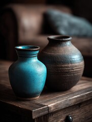 A couple of vases sitting on top of a wooden table