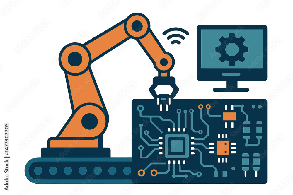 Poster the concept of smart factory 0 is represented by an automated robotic assembly of an electronic circ