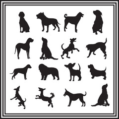 Dog Silhouettes Vector Pack – Standing, Sitting, and Jumping Dog Poses, Mixed Breed Pet Clipart Collection