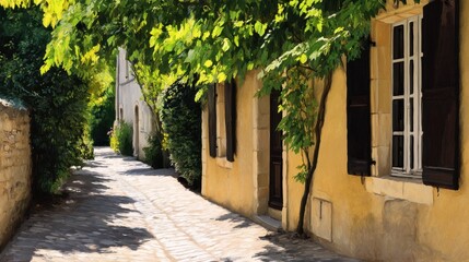 Obraz premium Serene cobblestone pathway lined with lush greenery and charming houses in a sunny village