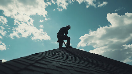 Roof Worker on Top of a Building Under a Cloudy Sky