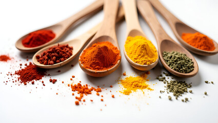A Collection of Various Wooden Spoons Each Containing Different Spices and Herbs – Rustic Culinary Flat Lay for Kitchen and Cooking Themes