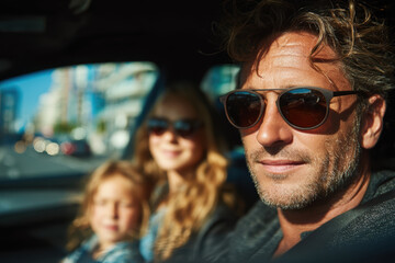 Father driving a new car through the city with his family, on a test drive and road trip, parents and daughters enjoying their vacation together