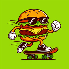 Fun and energetic cartoon illustration of a cheeseburger character riding a skateboard.