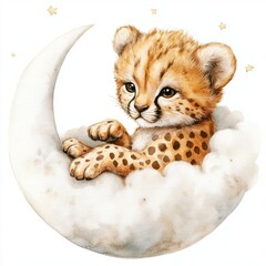 Obraz premium Watercolor Baby Cheetah on Moon, Cloud, Stars - Safari Nursery Decor