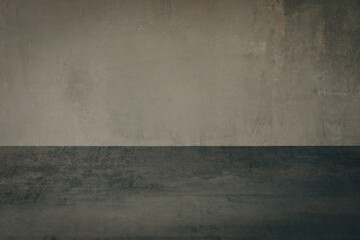 Beautiful gothic art background of roughly plastered wall and empty gray table surface, copy space.