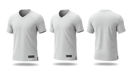 Set of three football jerseys (front, side, and back) all plain white, isolated on white background for apparel mockup