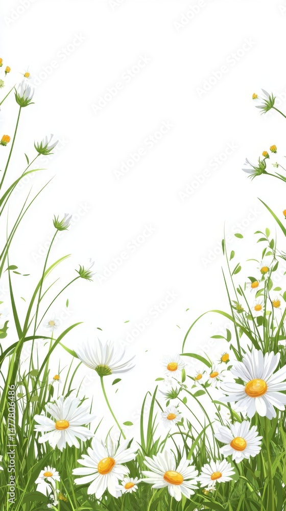 Poster daisies in a field illustration with white background for text overlay graphic design element spring