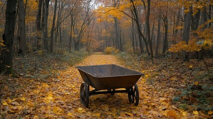 Rustic cart in a golden autumn forest path