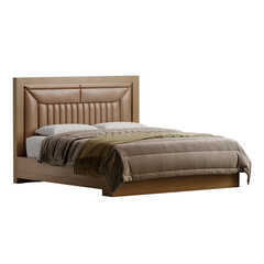 A bed with a brown headboard and a tan comforter