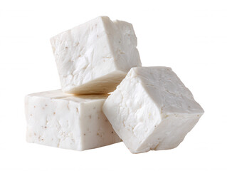 Fresh Cubes of Paneer Cheese, White and Creamy, on White Background, Dairy Food Ingredient Close Up Shot