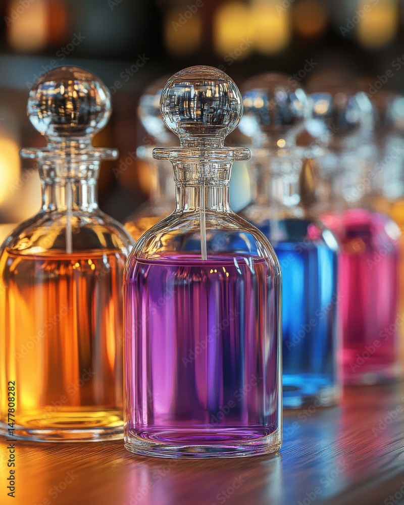 Poster colorful potions in glass bottles on wooden table close up studio shot with shallow depth of field a