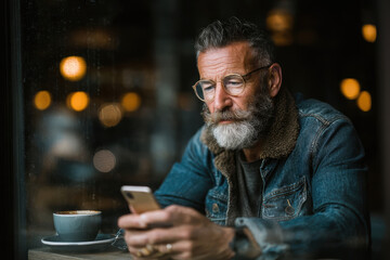 Bearded mature man watching a film on his smartphone in a modern cafe, taking a break and enjoying a quiet moment with his favorite beverage