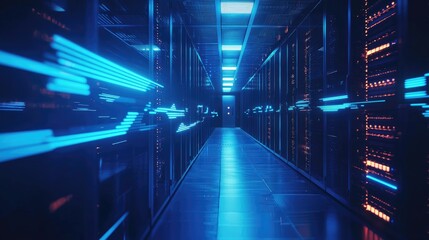 Fototapeta premium Modern server room corridor with blue neon lights and data racks, ideal for visual content about secure cloud computing, data transfer speed, and tech environments