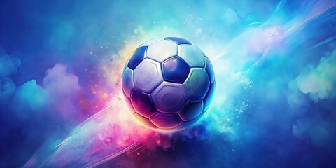 A vibrant soccer ball suspended in a cosmic dust cloud, showcasing dynamic energy and intense competition.