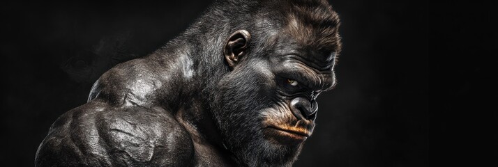 Portrait of a muscular gorilla staring intensely against black backdrop