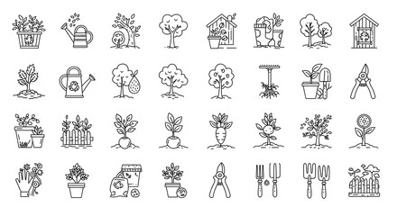 Gardening icon set featuring plants, tools, and accessories, representing the cultivation, care, and growth of flora in a garden setting.