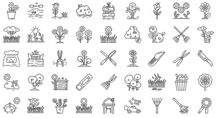 An organized compilation of monochromatic vector illustrations showing a collection of gardening tools, plants, and flowers in various designs.