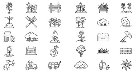 Obraz premium A collection of outline-style icons representing various garden-related objects and concepts, including flowers, tools, plants, and vehicles.