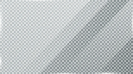 Glass plate on transparent background. Acrylic and glass texture with glares, light, and reflection. Realistic transparent glass window, mirror background. Vector