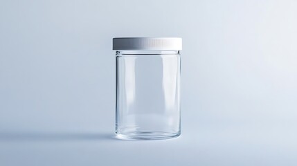 A clear glass jar with a white lid against a light blue background