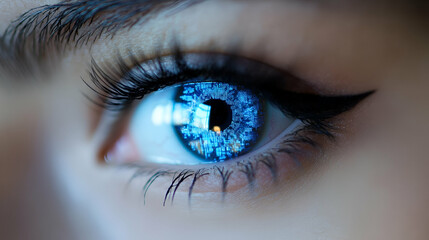 Fototapeta premium Closeup of a Woman's Blue Eye with Digital Data Reflection