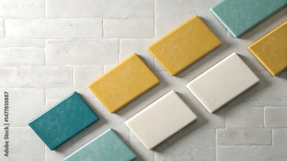 Poster aerial view of colorful rectangular tiles arranged diagonally on a white brick patterned surface