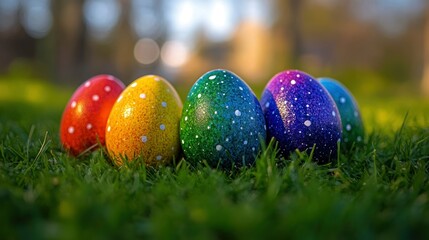 Colorful Easter eggs in a grassy field