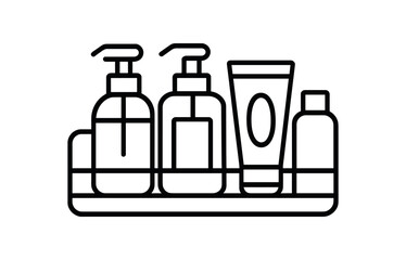 Bathroom countertop essentials soap and lotion dispenser, tube, bottle on tray vector icon illustration