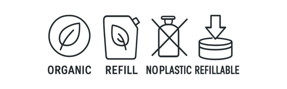 Eco-friendly icons organic, refill, no plastic, refillable symbols for sustainable products vector icon illustration