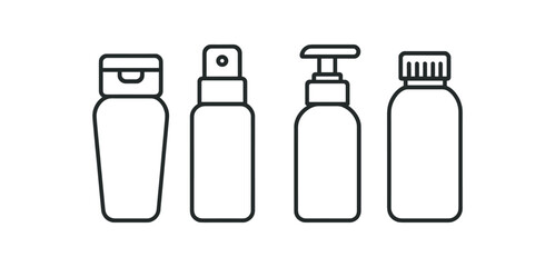 Outline icons of various toiletry bottles with different dispensers vector icon illustration