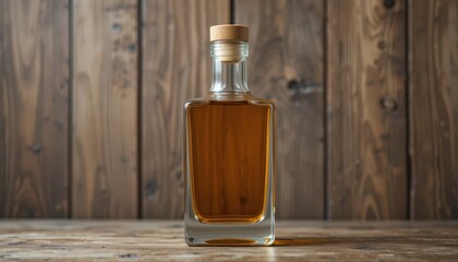 Amber Liquid in Square Glass Bottle with Cork Stopper on Rustic Wooden Background