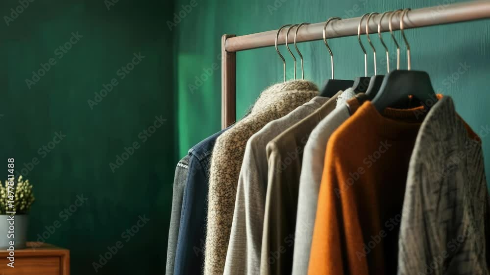 Poster A collection of sweaters displayed on a rack for storage or display