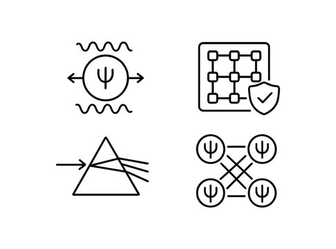 Quantum physics symbols wave-particle, secure network, light refraction, quantum entanglement vector icon illustration