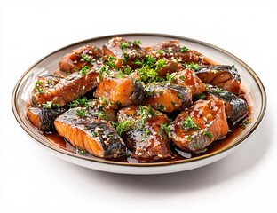 Fototapeta premium Seared Sardines with Fresh Arugula and Tomato Garnish on White Plate