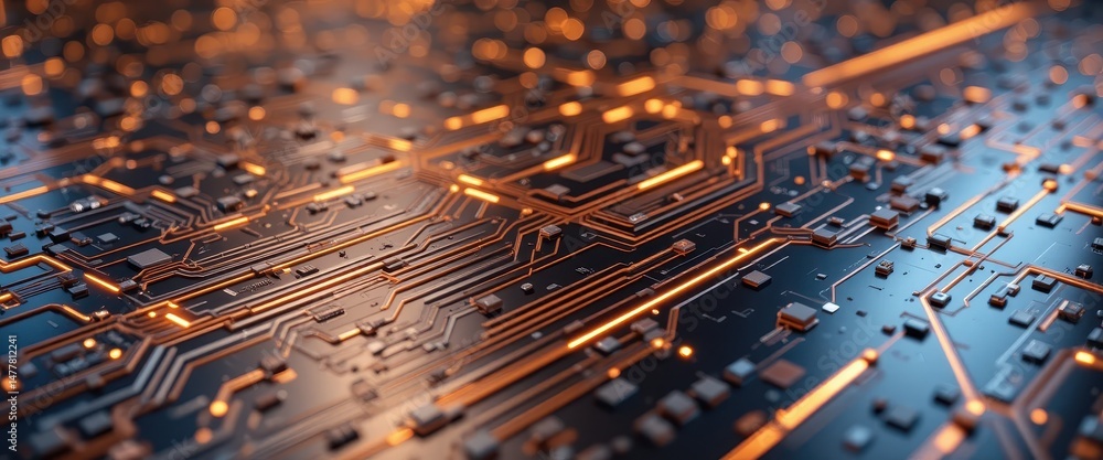 Poster abstract circuit board glowing lines and metallic patterns, high-resolution digital artwork