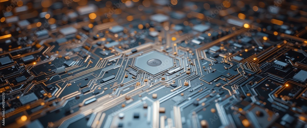 Poster abstract circuit board glowing lines and metallic patterns, high-resolution technology image