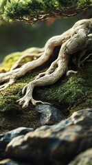Intricate Roots and Moss, A Study in Bonsai Detail and Textural Contrast