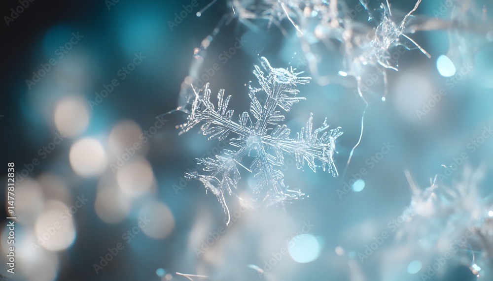 Poster detailed close-up view of a complex snowflake in soft blue tones.