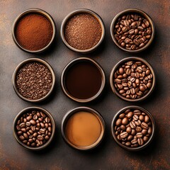 Fototapeta premium Coffee Preparation Stages Overhead Shot Bowls of Beans Ground Coffee Beverage Culinary Still Life