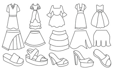 Obraz premium Women’s Clothing and Fashion Elements: Shorts, Pants, Dresses, and More – Vector Illustrations