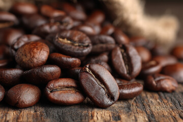 Fototapeta premium Roasted coffee beans on a table in Barcelona, Spain, highlighting the deep, glossy texture and premium quality of coffee from this famous coffee city