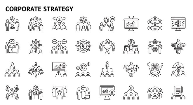 A collection of minimalist line icons that are used to represent a range of business topics like teamwork, leadership, and strategy.