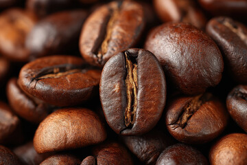 Fototapeta premium Detailed close-up of roasted coffee beans on a surface in Barcelona, Spain, focusing on the smooth texture and rich color of high-quality coffee