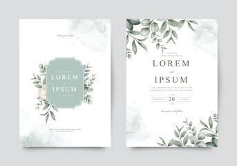 Beautiful wedding invitation card template set with white roses flowers green leaves