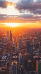 Fototapeta premium Golden cityscape view at sunset with towering buildings and soft cloudscape