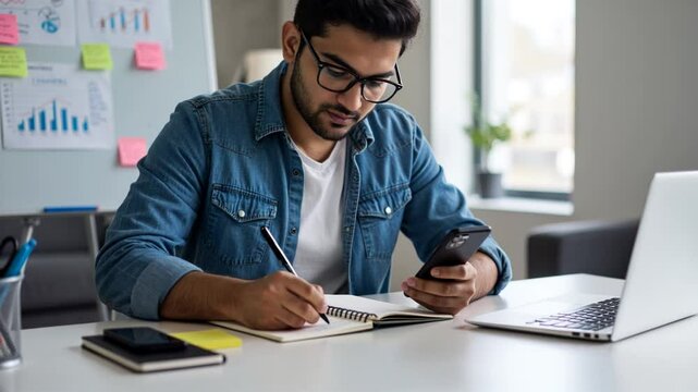 A young man in a denim jacket sits at a desk, focused on his smartphone while jotting notes in a notebook