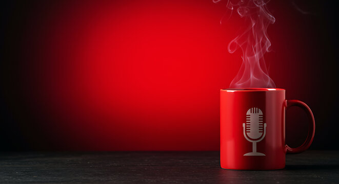 Red coffee mug with microphone graphic and steam on dark background  