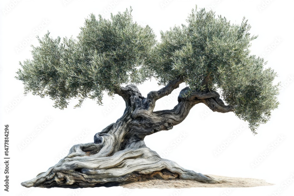 Aufkleber ancient olive tree isolated against white backdrop close up view of trunk and branches with green le