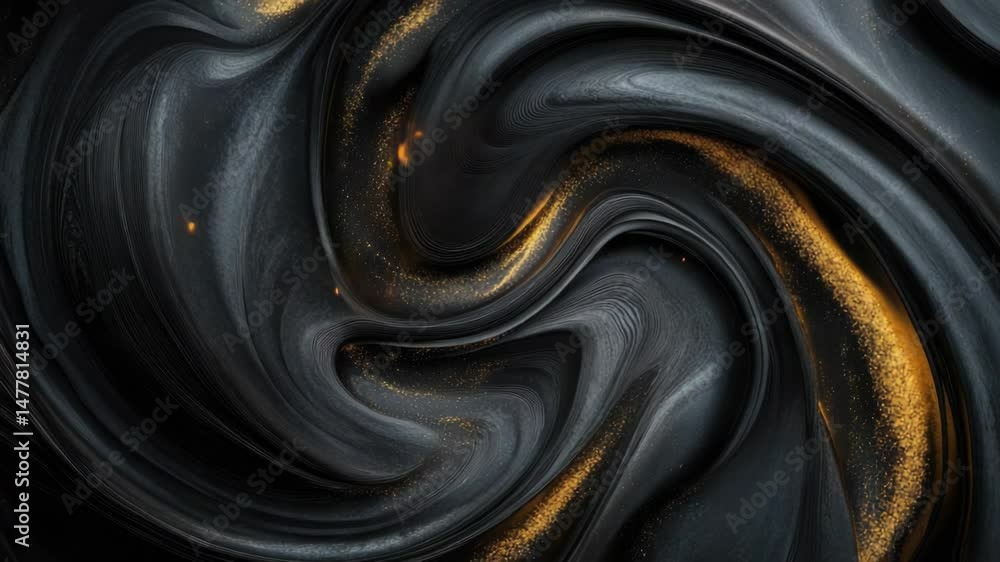 Poster a swirling design featuring gold flakes on a black background, suitable for use in various designs a